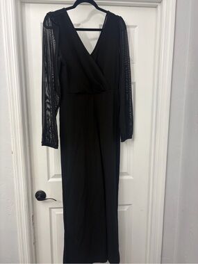 Black Long Sleeve V-Neck Women’s jumpsuit with sheer sleeves